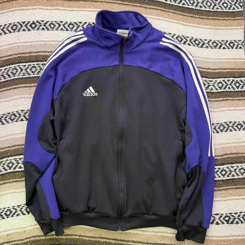 Vintage 2000's Adidas Black Purple Zip Up Track Soccer Jacket Sweatshirt Large